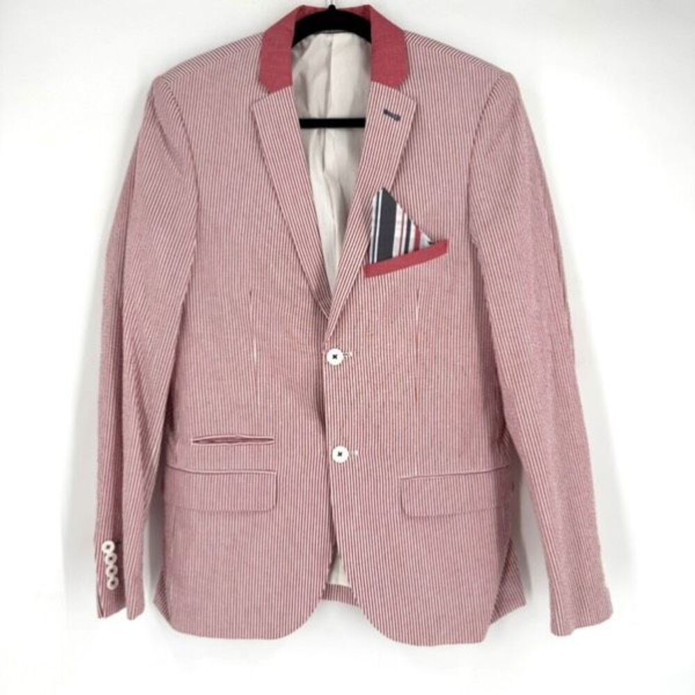 Paisley & Gray Men's Slim Fit‎ Seersucker Cotton Blazer Red White Striped Small